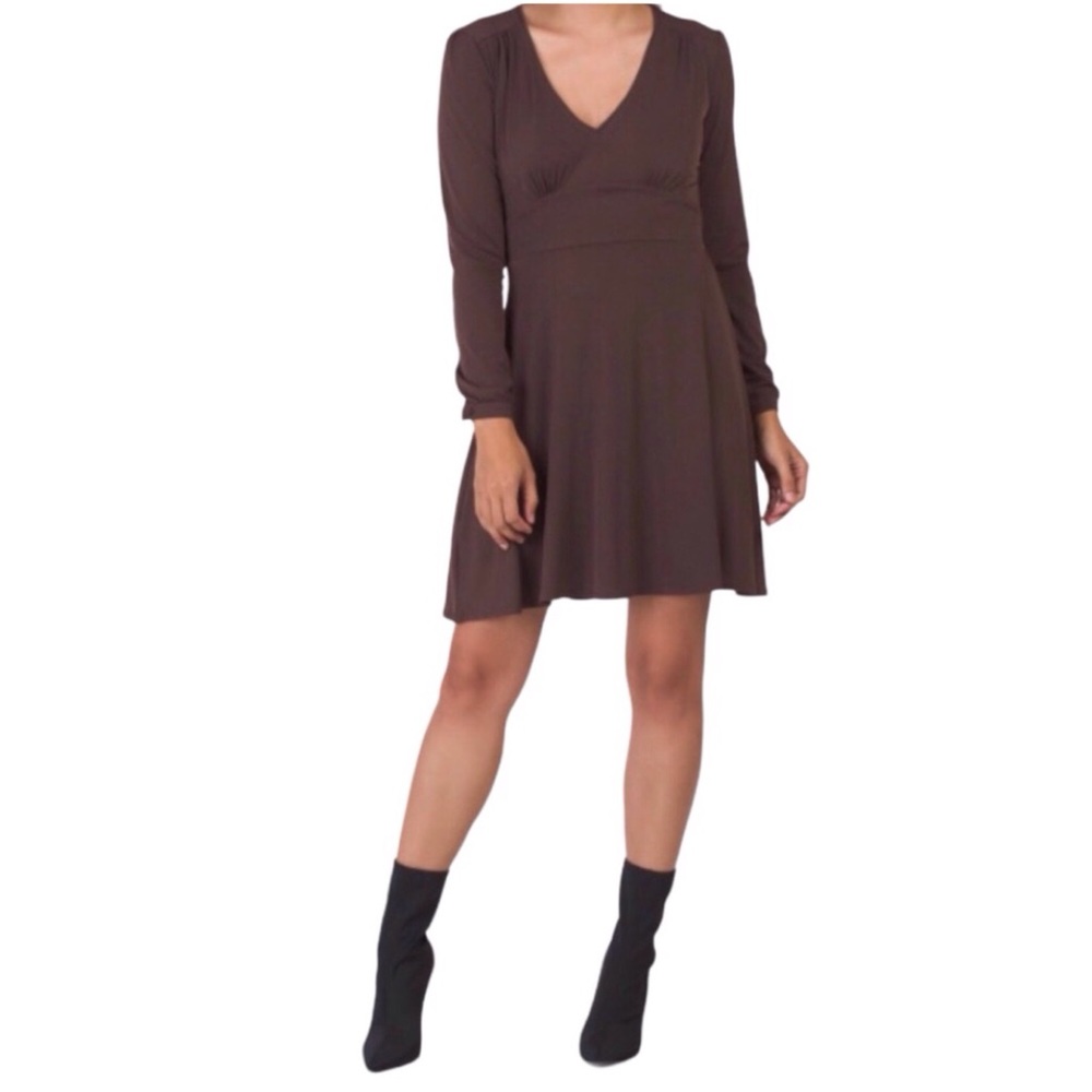 Mango Basics Turquesa Brown V-Neck Long Sleeve Knit Dress (NWT) (Size: 4)